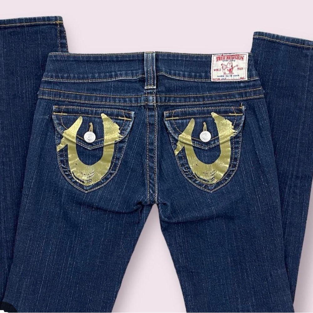 Y2K gold painted True Religion Women's Blue Jeans